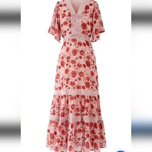 RED FLORAL CROCHET FRILLING CHIFFON DRESS